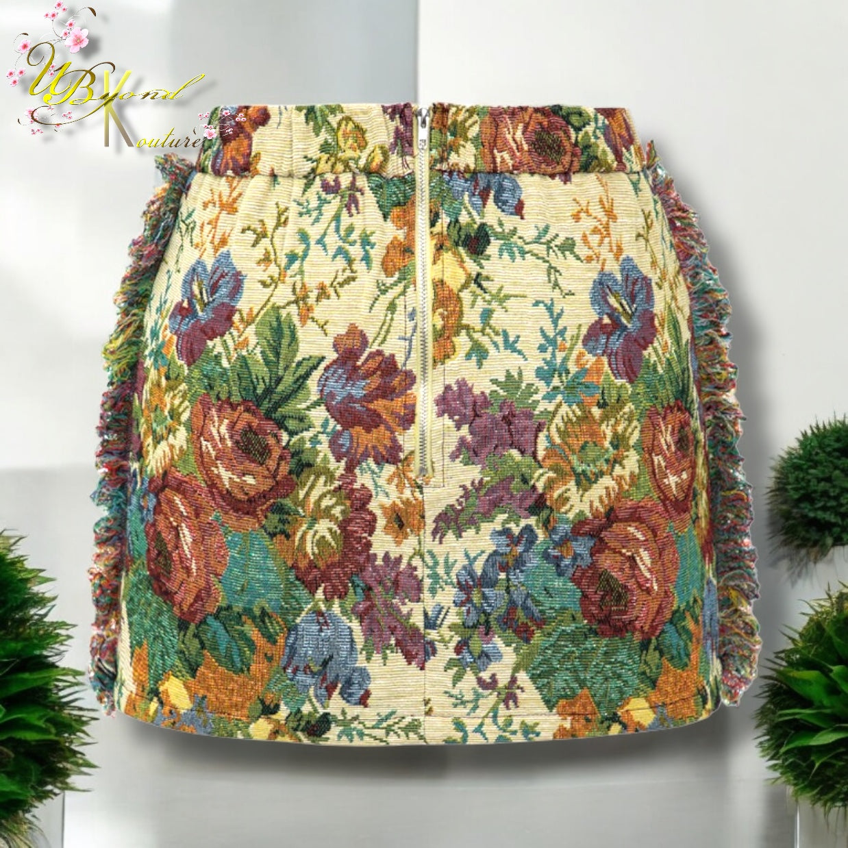 Gardenia Floral Print Fringe Zipper Mini Skirt