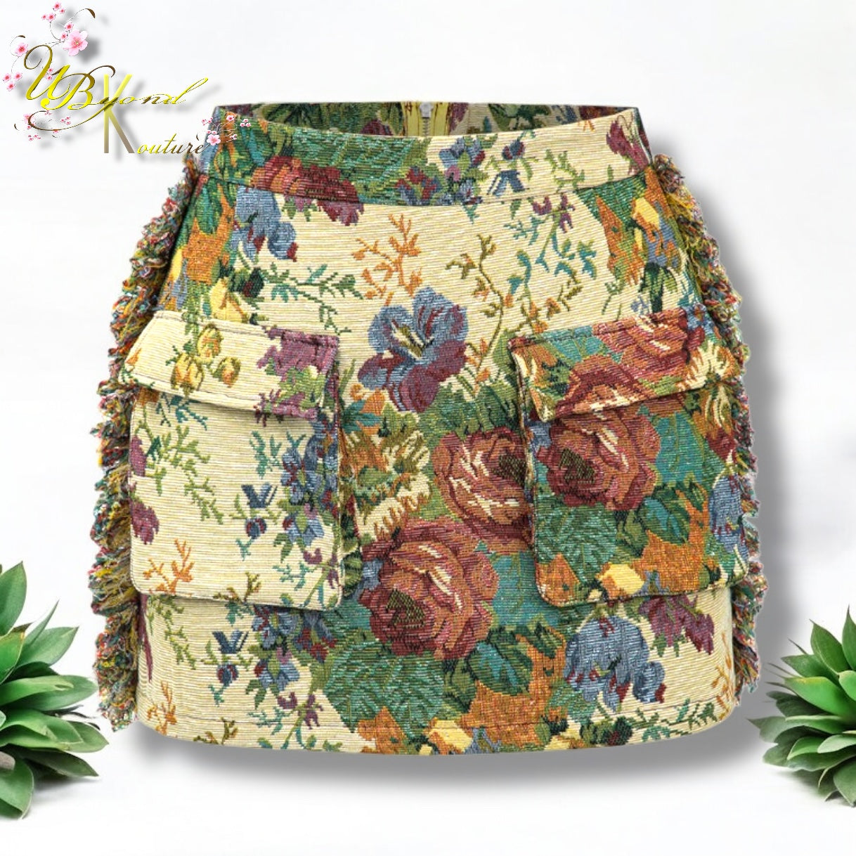 Gardenia Floral Print Fringe Zipper Mini Skirt