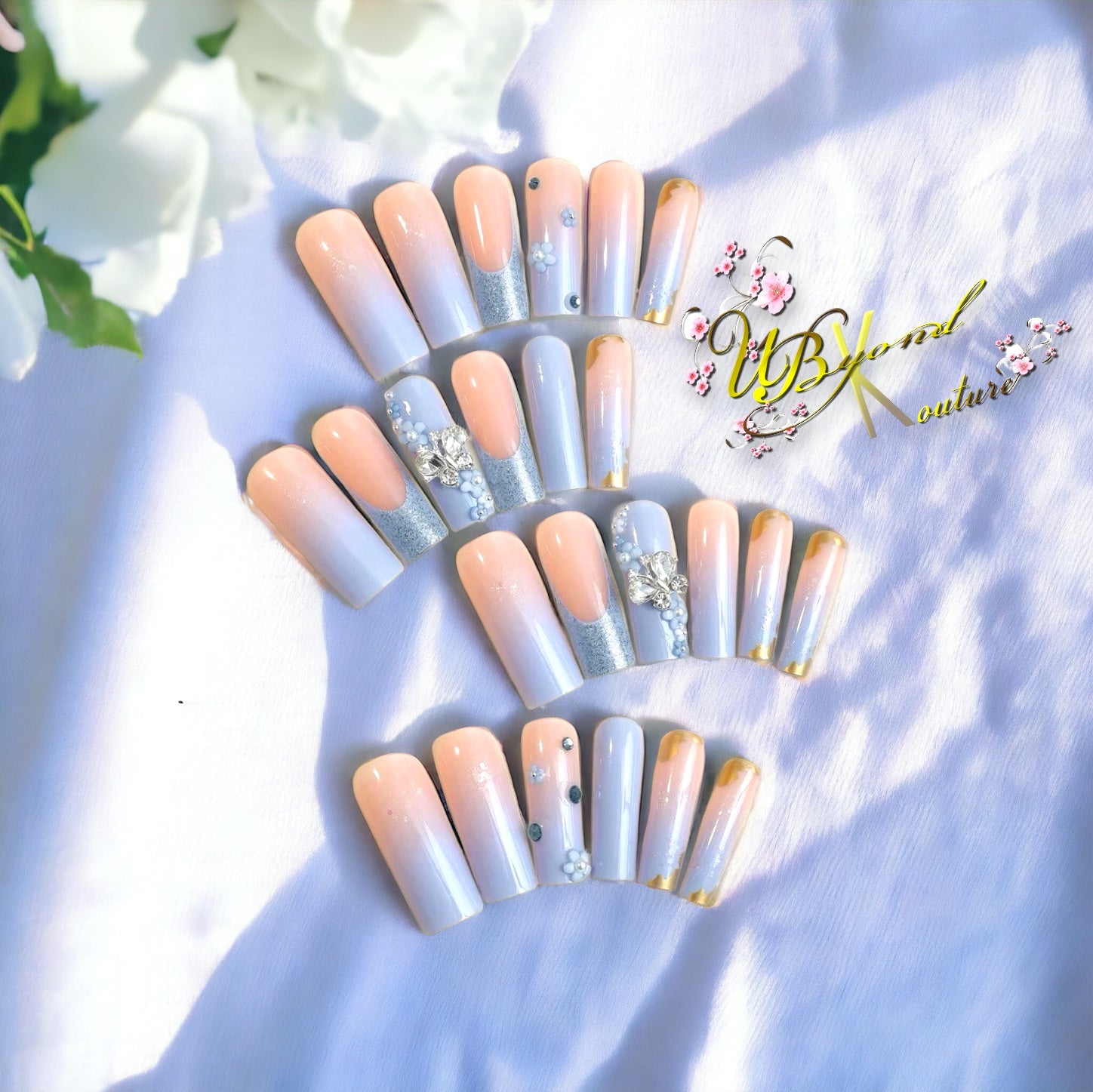 Butterfly Blue Daisies Faux Nail Set