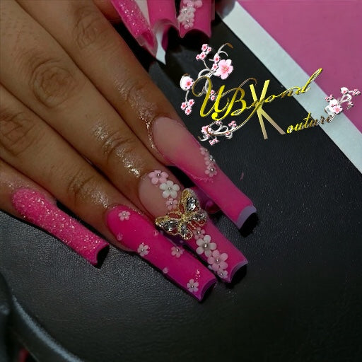 Butterfly Daisy In Hot Pink Faux Nail Set