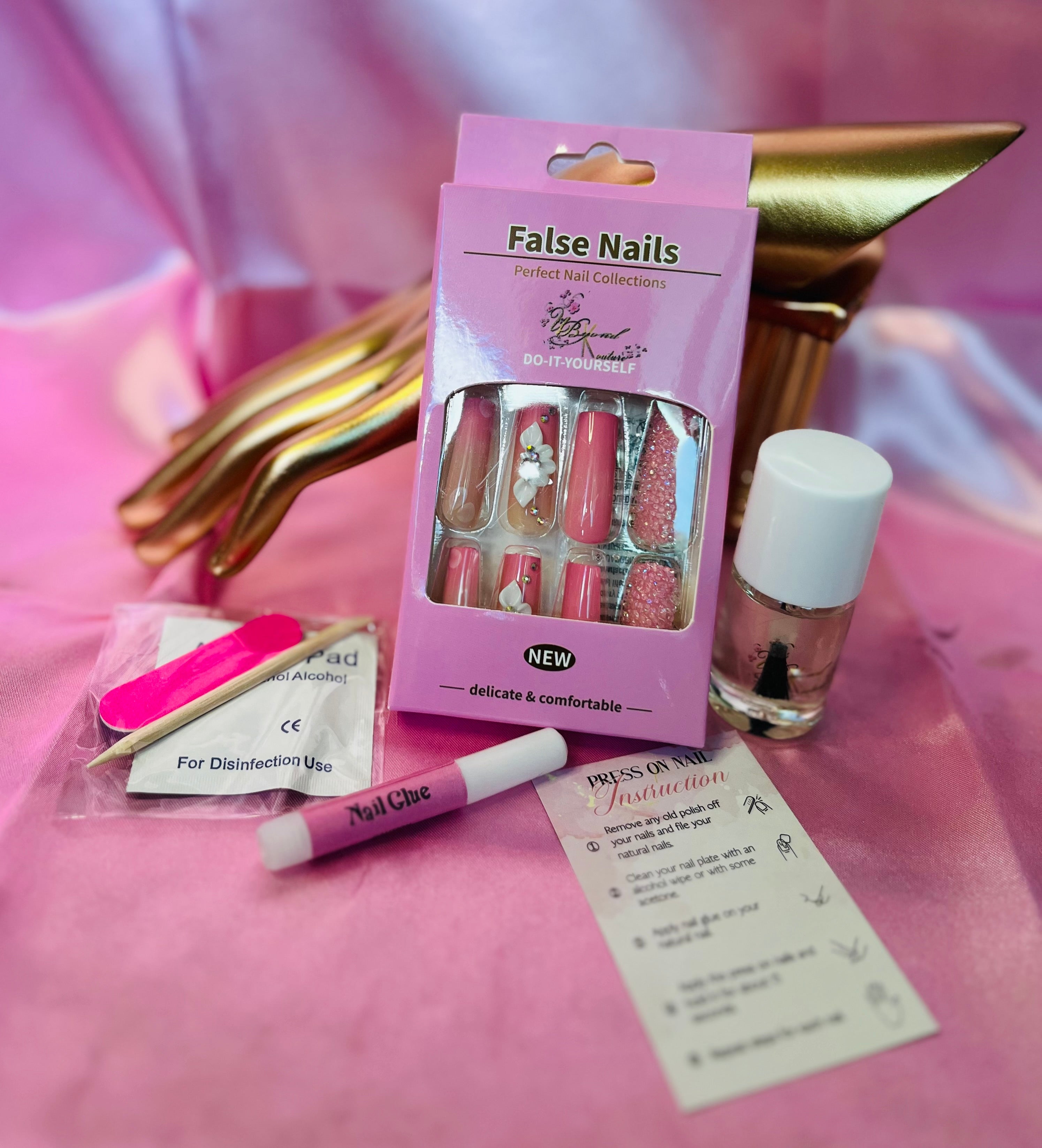 Just Pink 3D Flowers Faux Nail Set