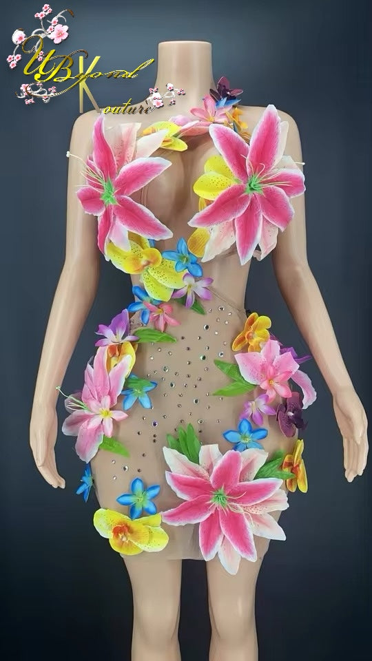 Island Girl 3D Floral Mesh Mini Dress