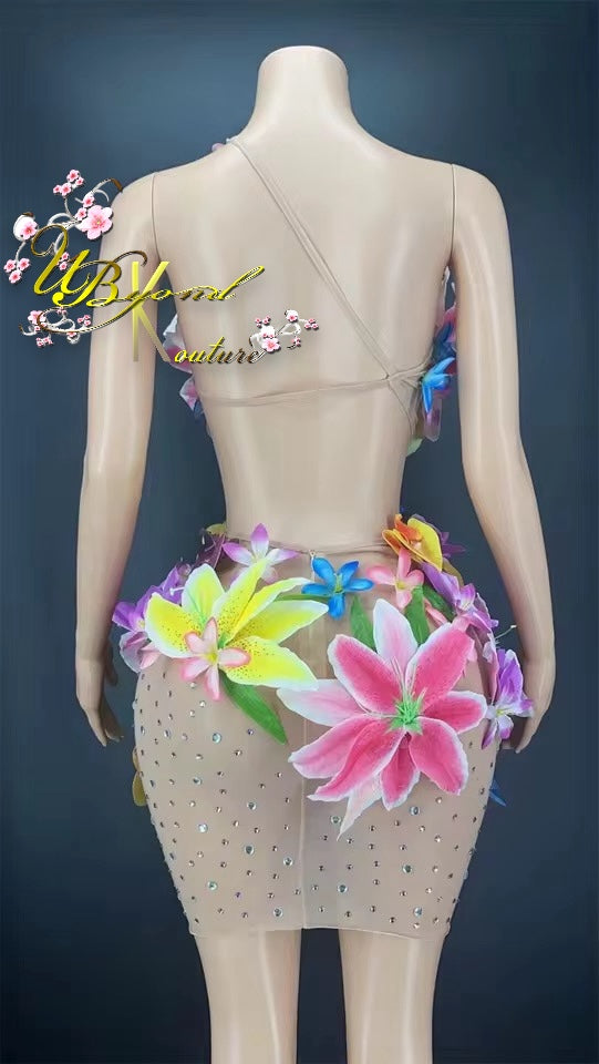 Island Girl 3D Floral Mesh Mini Dress