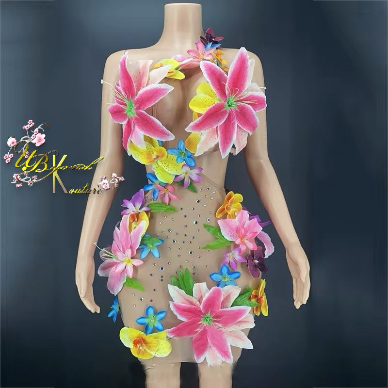 Island Girl 3D Floral Mesh Mini Dress