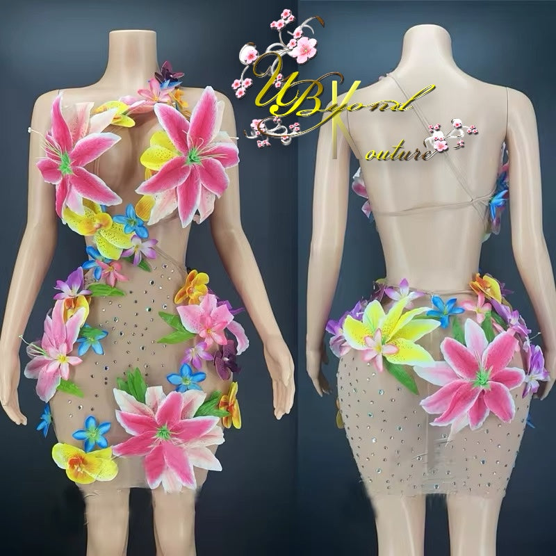 Island Girl 3D Floral Mesh Mini Dress