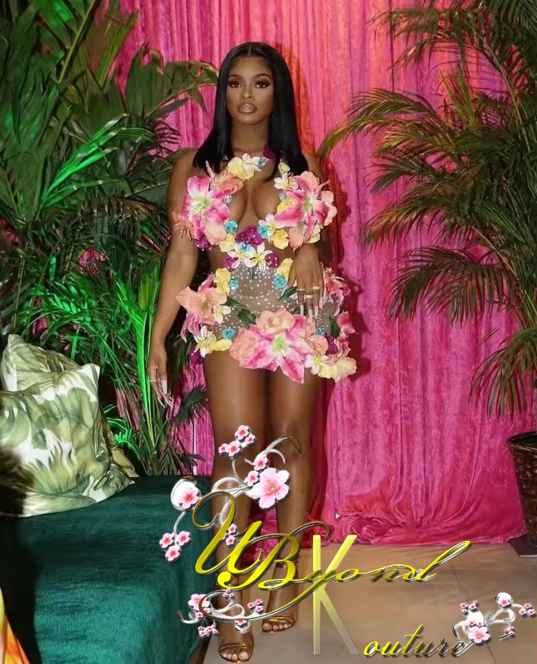 Island Girl 3D Floral Mesh Mini Dress