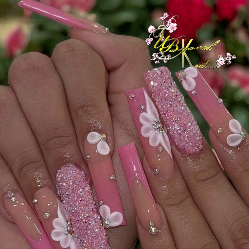 Just Pink 3D Flowers Faux Nail Set